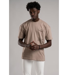 FBI Yarım Oversize (Hafif Bol Kesim) Bisiklet Yaka Cepli Pamuklu T-shirt (Kahverengi)