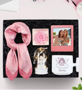 Kişiye Özel T Kupa & Melek Fanus &  Çerçeve & Fular & Lotus Mum Hediye Seti