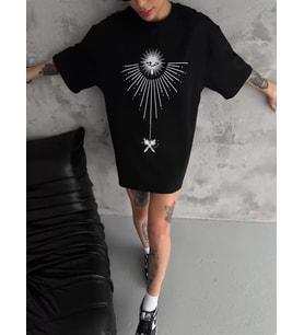 Unisex Bisiklet Yaka Baskılı Oversize T-Shirt - Siyah