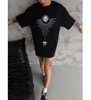 Unisex Bisiklet Yaka Baskılı Oversize T-Shirt - Siyah