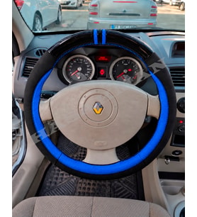 Renault Scenic 2 Dikme Direksiyon Kılıfı Parlak Siyah Mavi Detaylı Mavi Çift Yüzük ve Dikiş 2003-2009