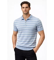 Engezi Erkek Triko Polo Yaka Fermuarlı Çizgili Tişört T-Shirt Yazlık Şık - Bebek Mavisi