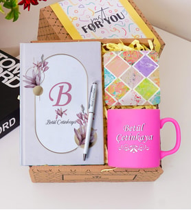 Kişiye Özel Renkli Defter , Pembe Kupa Bardak, Tükenmez Kalem & Hediye Seti