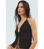 Fitted Örme Bluz Kolsuz Jakarlı Boyundan Bağlamalı Yazlık Konforlu Kesim Profesyonel Görünüm (Siyah)
