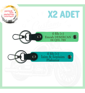 Koyu Turkuaz-Fıstık Yeşil, Motosiklet Sevene İsim Plaka ve 0 Rh (+) Kan Grubu Yazılı 2'li Anahtarlık