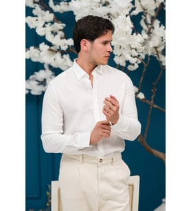 Regular Fit Gizli Düğmeli Yaka %100 Linen Ham Keten Gömlek