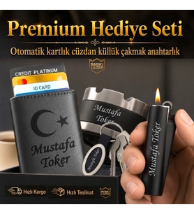 Hemen Kargo Sevgiliye Eşe Babaya Arkadaşa Hediye Seti - Ay Yıldız Bayrak Logolu Mekanizmalı Otomatik Kartlık Cüzdan Clipper Çakmak Küllük ve Anahtarlık