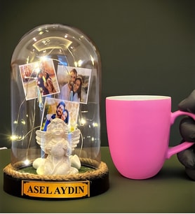 Kişiye Özel Tasarım Led Işıklı Fanus ve Pembe Kupa Bardak Hediye Seti (Model 2)