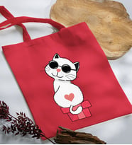BK Gift Kedi Tasarımlı Kırmızı Kumaş Bez Çanta, Baskılı Omuz Çantası, Alışveriş Çantası, Arkadaşa Hediye-6