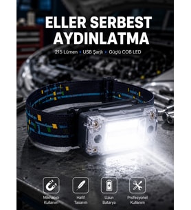 Kompakt LED Kafs Feneri USB Şarjlı Manyetik 2 Işık Modlu 215 Lümen Yeni Nesil