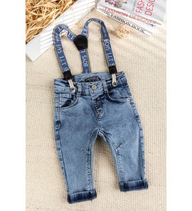 Askılı Denim Şık Kot Erkek Bebek Pantolon (Mavi)