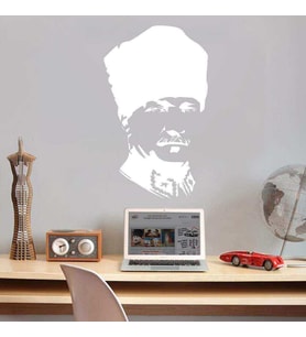 Kalpaklı Gazi Mustafa Kemal Atatürk Silüeti Dekoratif Duvar Sticker, Çıkartma, Etiket Beyaz