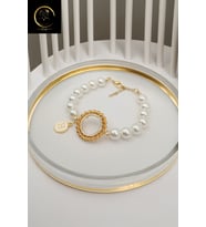 Harfli Çeyrekli Bileklik - İncili Çeyrekli Altın Bileklik - Çeyrekli Kolye - Baş Harfli Bileklik set (Altın Rengi)