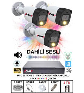 FURY 3 LÜ Sesli Gece Renkli Görüş Güvenlik Kamerası Su Geçirmez Güvenlik Kamerası Seti 1TB