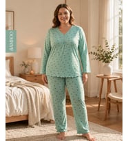 Derya Kadın Büyük Beden Dantel Yaka Bambu Uzun Kol İnce Pijama Takımı 8141Y - 1 Adet