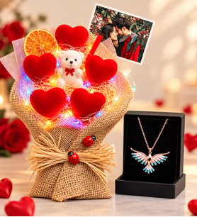 Premium Set Kişiye Özel Fotoğraflı LED Işıklı Buket ve Renkli Zümrüdü Anka Kuşu Kolyesi