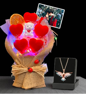 Premium Set - Kişiye Özel Fotoğraflı Led Işıklı Buket ve Renkli Zümrüdü Anka Kuşu Kolyesi (Model 4)
