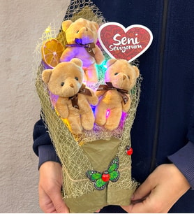Renkli Led Işıklı Seni Seviyorum Kahve Ayıcıklı Büyük Boy Peluş Ayıcık Buketi (Model 4)