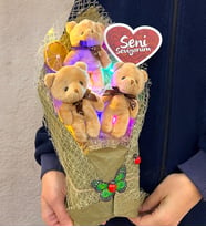Renkli Led Işıklı Seni Seviyorum Kahve Ayıcıklı Büyük Boy Peluş Ayıcık Buketi (Model 4)