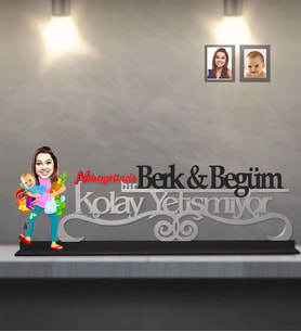 Kişiye Özel Anneler Günü Anne ve Erkek Çocuk Karikatürlü Kolay Yetişmiyor Ahşap Biblo Model-1