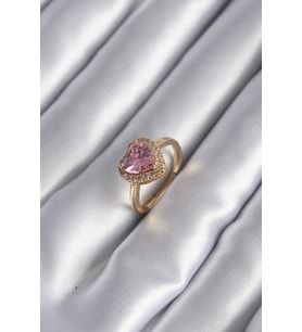 Pirinç Gold Renk Pembe Zirkon Taş Kalp Charm Model Kadın Yüzük - TJ-BYK2955
