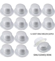 Gümüş Renk Simli Melon Yuvarlak Parti Şapkası 12 Adet (Karışık)