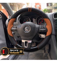Vw Passat B7 Dikme Direksiyon Kılıfı Delikli Deri Parlak Siyah Taba Detay Çift Yüzük ve Dikiş 2010-2014