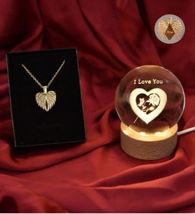 Kişiye Özel Gold Melek Kanat Kalp Kolye& Sevgiliye Özel 3D "I LOVE YOU" Işıklı Küre Hediye Seti