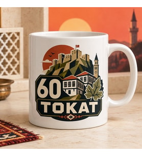 60 Tokat Minimal Geometrik Tasarımlı Baskılı Kupa, Tokat Kalesi Tarihi Evler Minare ve Şehir Silüeti Temalı Hediye