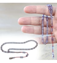 Ateş Kehribar Tesbih - Sistemli - Mini Boy - Su Mavisi Renk - Kesme Kesim
