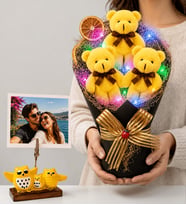 Kişiye Özel Fotoğraflı Renkli LED Işıklı Peluş Ayıcık Buketi (Sarı) ve Baykuş Fotoğraf Tutucu