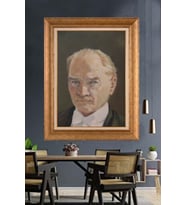 Altın Varaklı Çerçeveli Paspartulu Atatürk Tablo nh327 (Gold)
