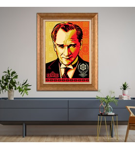 Altın Varaklı Çerçeveli Paspartulu Atatürk Tablo TR1504 (Gold)