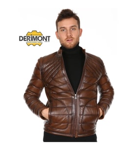 Hakiki Deri Taba Erkek Deri Mont Düz Çizgi Desenli Fermuarlı Deri Ceket