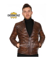 Hakiki Deri Taba Erkek Deri Mont Düz Çizgi Desenli Fermuarlı Deri Ceket