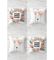 Çiçekli Home Sweet Home Balon Gizli Fermuarlı Kırlent Kılıfı Koltuk Yastık Kılıfı Takım(4ADET) (Pembe)