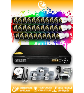 ELITCAM 32 Kameralı Kare 32 Dış Kamera Set 250 GB HDD Full HD Renkli Gece Görüşlü Güvenlik Kamerası Sistemi