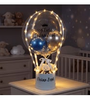 Kişiye Özel Led Işıklı, Gümüş ve Mavi Detaylı Peluş Ayıcıklı Balon Tasarımı - Erkek Bebek Hediyesi