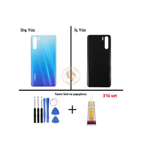Oppo A91 Mavi Uyumlu Arka Kapak + Yapıştırıcı ve Vida Seti Arka Cam Batarya Pil Kapağı Lazer Kesim