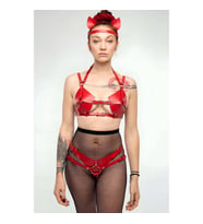 Fantazi Deri Sütyen Ve Külot Takım, Kulaklık Detaylı Harness (Kırmızı)