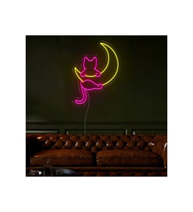 Kedi ve Ay Figürlü Neon Tabela