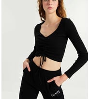 V Yaka Büzgü Detaylı Uzun Kollu Kadın Crop 2571-90