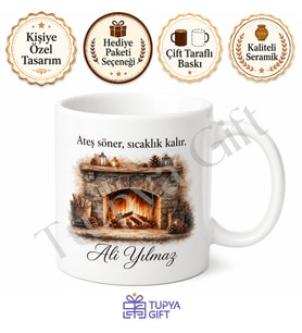 Şömine Temalı Kış Akşamı Baskılı Kupa Bardak Hediye Porselen Mug