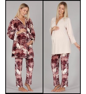 Bone Club 5301 Bej Kadife Lohusa 3 Lü Pijama Sabahlık Tk.