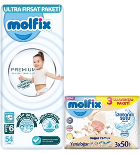 Molfix Premium Bebek Bezi Beden:6 (15+KG) Extra Large 54 Adet Ultra Fırsat Pk + 3 Adet Islak Mendil