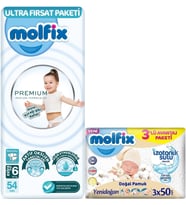 Molfix Premium Bebek Bezi Beden:6 (15+KG) Extra Large 54 Adet Ultra Fırsat Pk + 3 Adet Islak Mendil