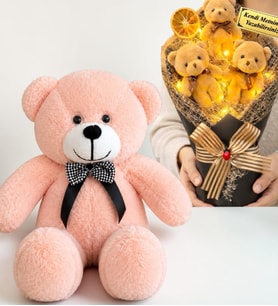 Kişiye Özel Yazılı Kahve LED Işıklı Peluş Ayıcık Buketi ve 50 cm Pembe Peluş Ayıcık Hediye Seti
