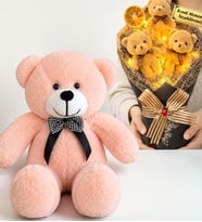 Kişiye Özel Yazılı Kahve LED Işıklı Peluş Ayıcık Buketi ve 50 cm Pembe Peluş Ayıcık Hediye Seti