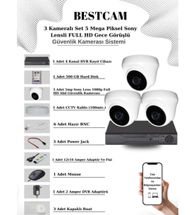 BESTCAM 3 Kameralı Set 5 Mega Piksel Sony Lensli FULL HD Gece Görüşlü Güvenlik Dome Kamera Seti 500 GB Hard Disk