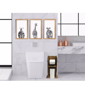 BK Home Doğal Masif Ahşap Tuvalet Kağıtlığı ve Dekoratif 3’lü Retro Ahşap Tablo-2 (Beyaz)